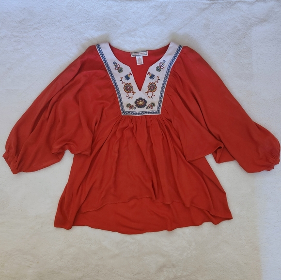 Orange Boho 3/4 Balloon Sleeve Embroidered Peasant Top By Flying Tomato Size M - Picture 2 of 5